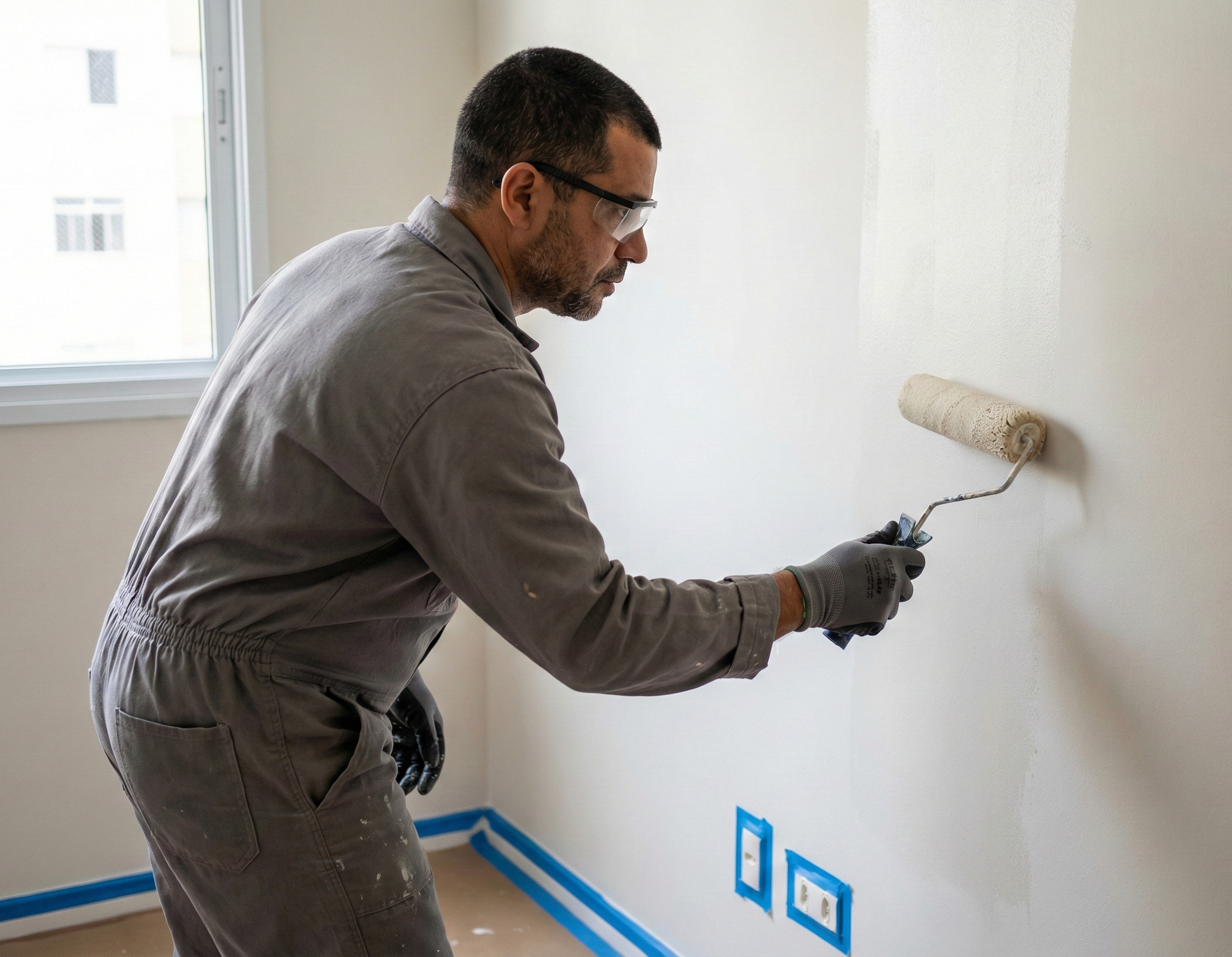 Profissional executando pintura técnica residencial com preparação de superfície e aplicação uniforme conforme método.