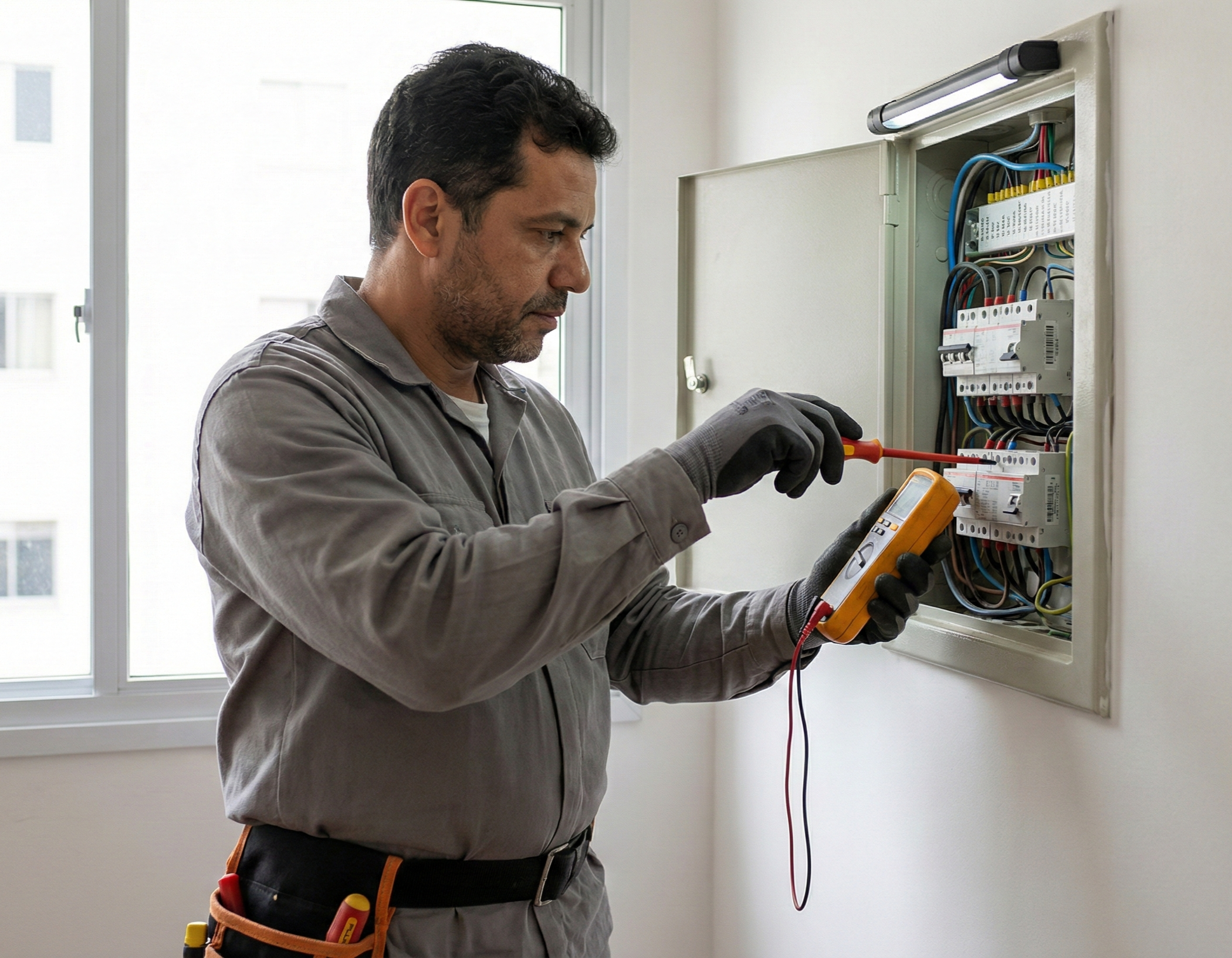 Profissional realizando manutenção elétrica residencial com inspeção técnica e fiação organizada conforme normas.