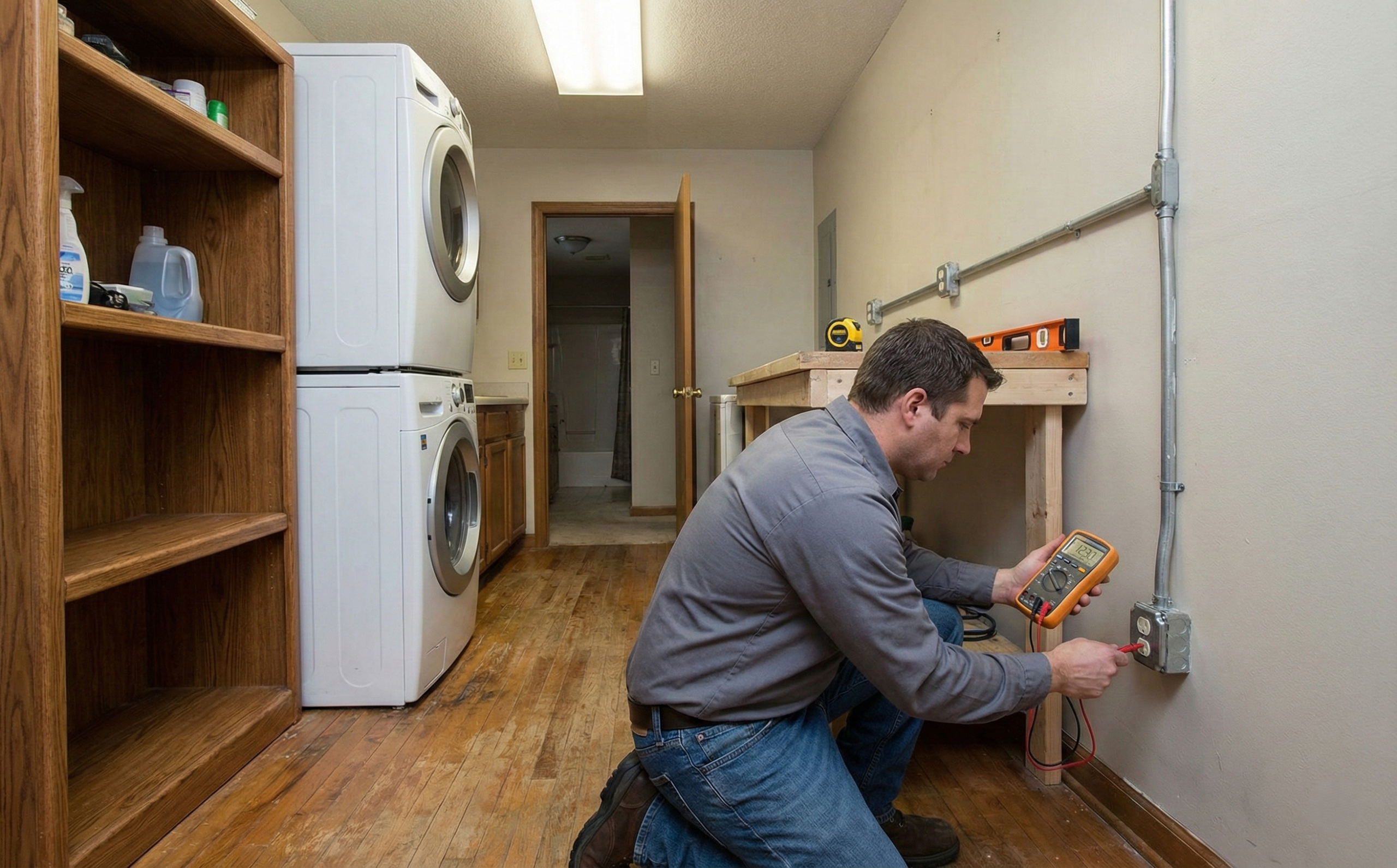 Técnico da TRAX realizando medição elétrica em instalação residencial para validação técnica e segurança do sistema.
